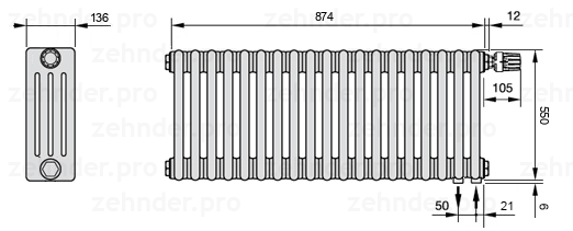 Схема (чертеж) Радиатор Zehnder Charleston 4055/19 №V002 Белый глянцевый RAL 9016